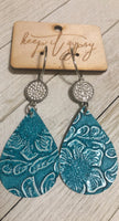 Tooled Turquoise Leather Teardrop Earrings