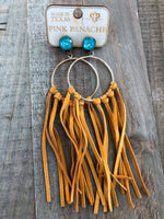 Turquoise cushion yelllow leather fringe earrings