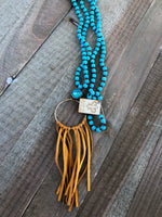 Turquoise Beaded/Cushion Necklace with yellow leather fringe