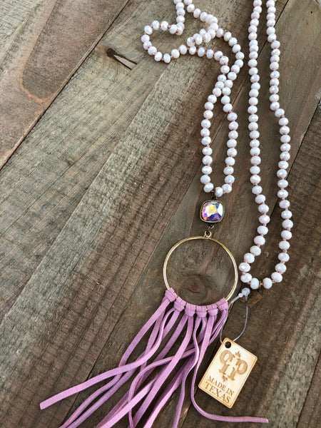 Lilac leather fringe white beaded necklace